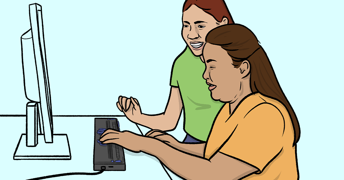 Illustration of two young women sat at a computer, one is blind and using a screen reader.