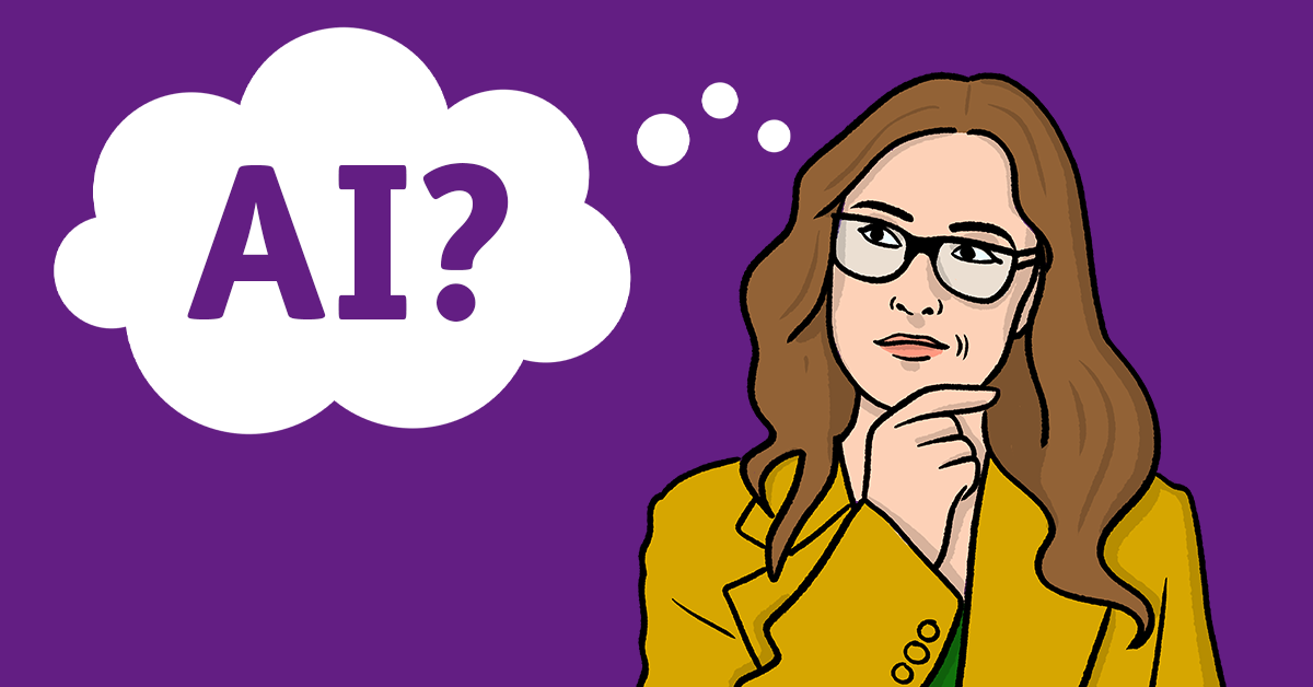 Image features and illustration of a woman in a suit thinking, there is a speech bubble with the word ai and a question mark coming from the top of her head.