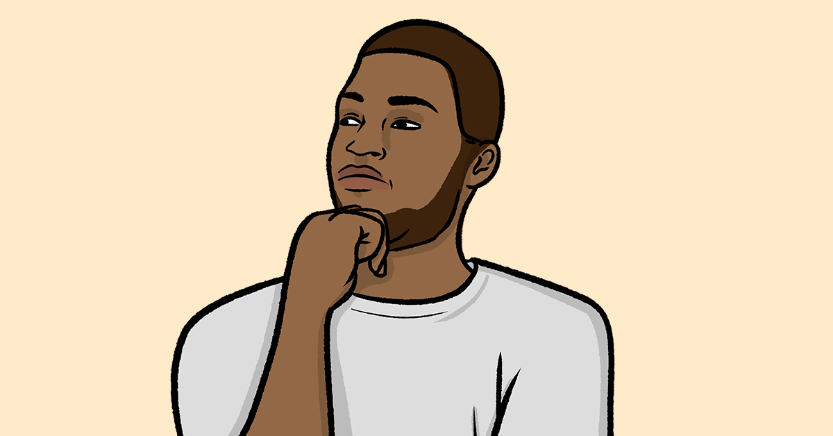 Illustration of a young black man thinking, his hand is up to his chin.